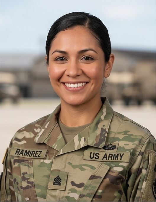 Sergeant Elena Ramirez in U.S. Army uniform standing in front of an airfield.